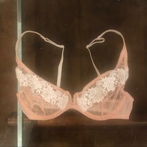 Nude mesh and floral appliqué bra